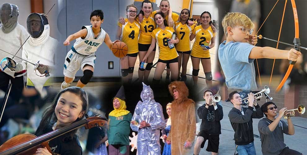 English: A collage showcasing diverse high school extracurricular activities including competitive sports, orchestral music, debate teams, and scientific laboratory research.Traditional Chinese: 一組展示多元化高中課外活動的拼圖，包括競技運動、管弦樂、辯論隊以及科學實驗室研究。Simplified Chinese: 一组展示多元化高中课外活动的拼图，包括竞技运动、管弦乐、辩论队以及科学实验室研究。